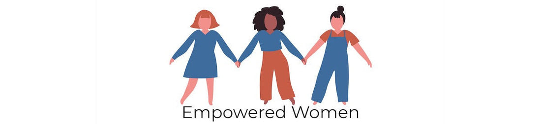 Women of different backgrounds holding hands, symbol of helping each other, walking with a firm step. The words describe them well, they are empowered. They all wear something blue, symbol of trust. 