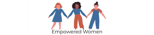 Women of different backgrounds holding hands, symbol of helping each other, walking with a firm step. The words describe them well, they are empowered. They all wear something blue, symbol of trust. 